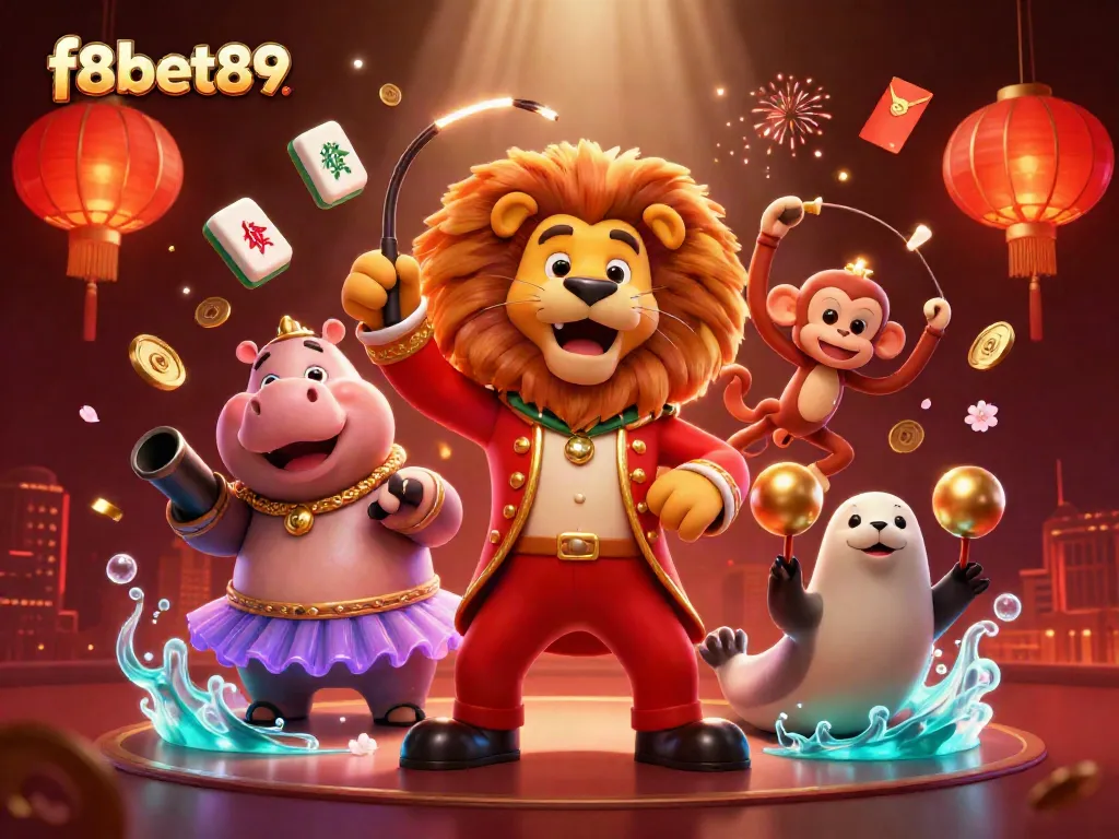 Engage with thrilling fun at f8bet89 with an animated circus scene depicting lively casino elements.