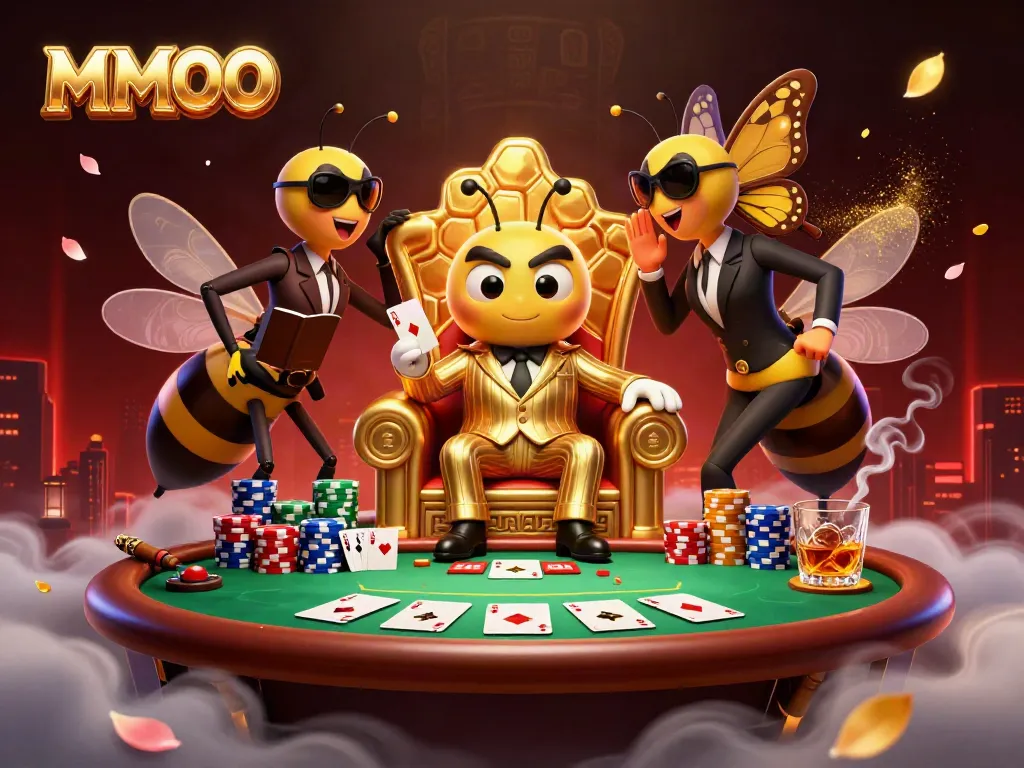 Play the exciting games at MMOO with a bumblebee mob boss amidst a vibrant casino scene.