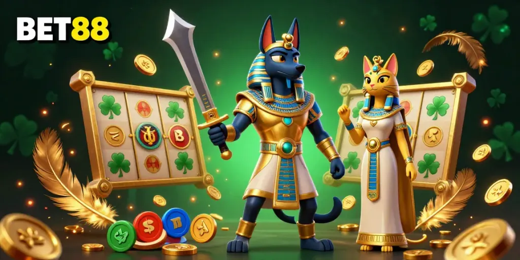 Khám phá BET88 với những trò chơi hấp dẫn như slot game và những đồng xu vàng lấp lánh.