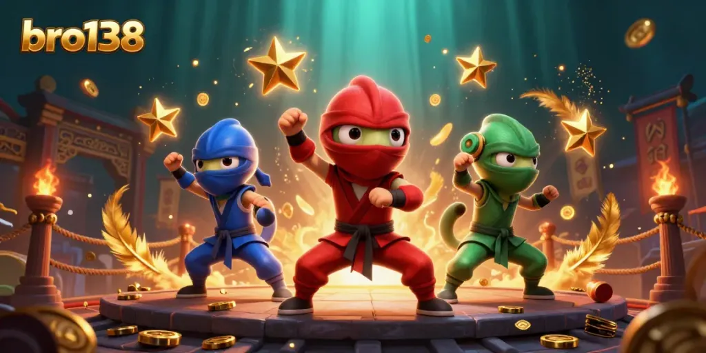 Watch the ninja chameleon team showcasing synchronized martial arts poses while promoting bro138, a vibrant casino experience.