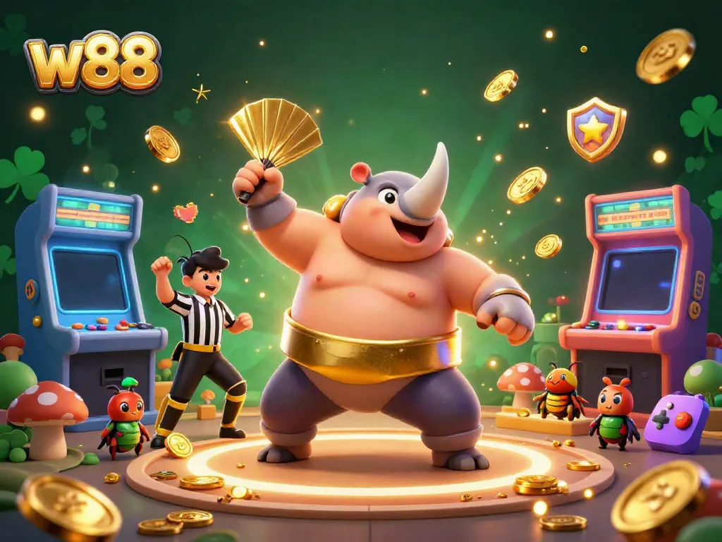 Experience w88's vibrant gaming with a cartoon beetle champion amidst colorful coins and arcade machines.