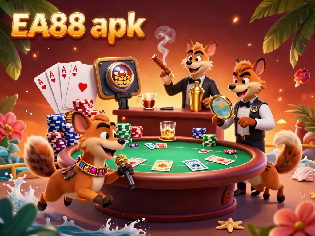 Experience EA88 apk's vibrant 3D cartoon casino scene with hyenas running a comedy club, adding entertainment to gaming.