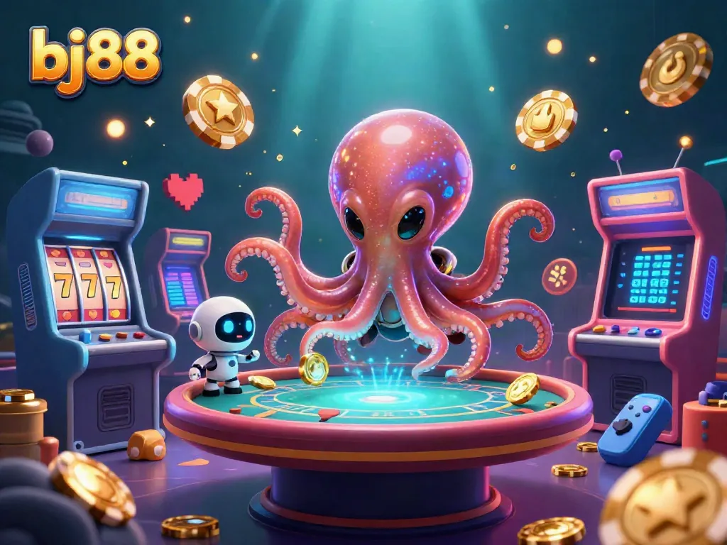 Engage with dynamic gaming elements featuring bj88 at a holographic poker table, surrounded by vibrant casino visuals.