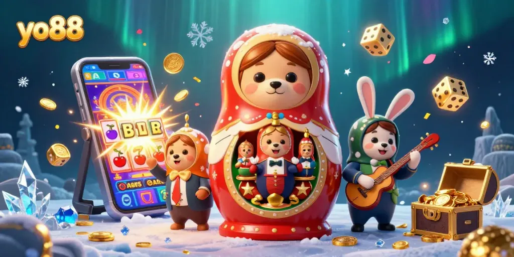 Join the excitement at yo88 with a festive scene showcasing casino-themed characters and elements.