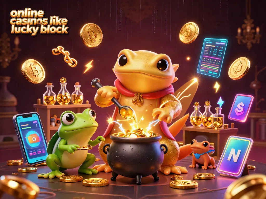 Experience gaming excitement with online casinos like Lucky Block in a vibrant 3D scene full of crypto elements.