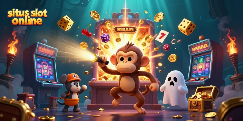 Menangkan permainan di situs slot online dengan simbol jackpot yang berkilauan dan karakter menyeramkan.