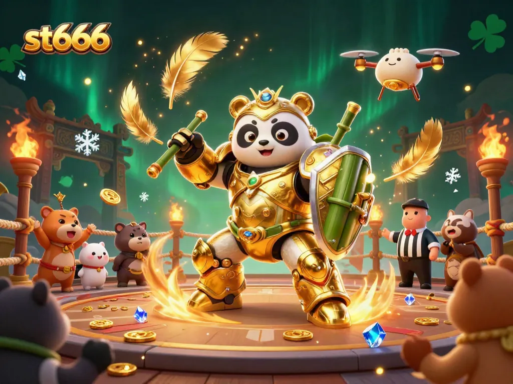 Bet big with st666 at a vibrant 3D casino, where lucky pandas and golden coins swirl.
