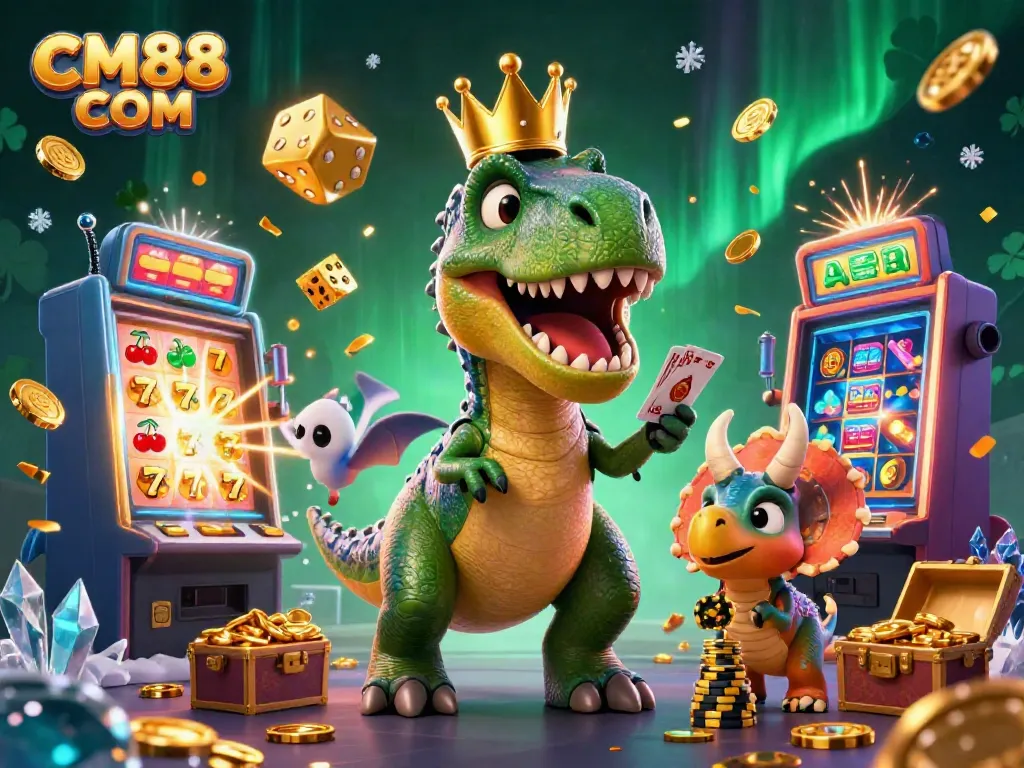 Spin the reels at CM88 COM with quirky characters in a vibrant, colorful casino atmosphere.