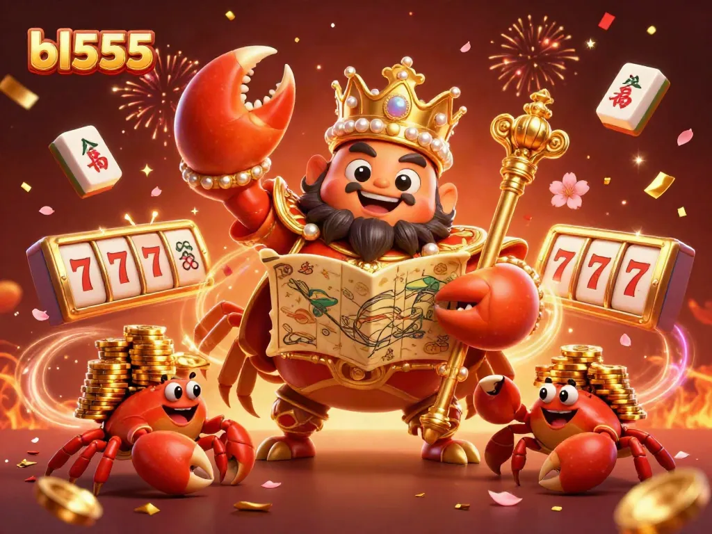 Experience thrilling gameplay at bl555 with a dynamic 3D illustration featuring a golden crab emperor and rich casino elements.