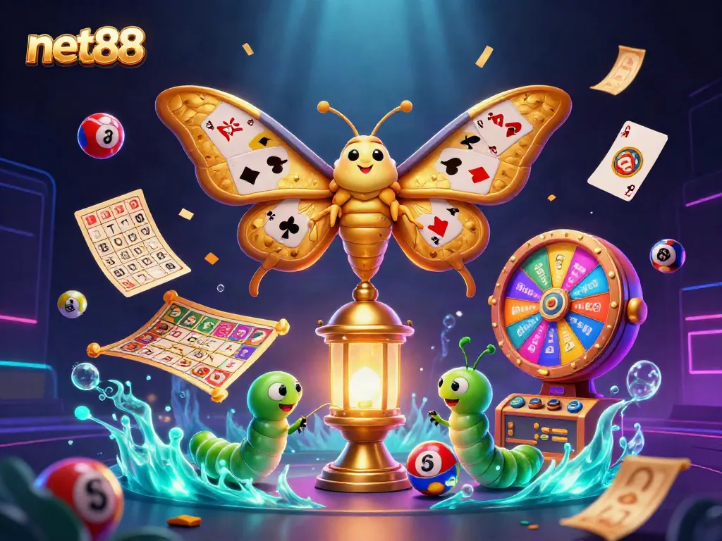 Engage with the colorful world of net88 casino, featuring a moth and vibrant gaming elements in an interactive scene.