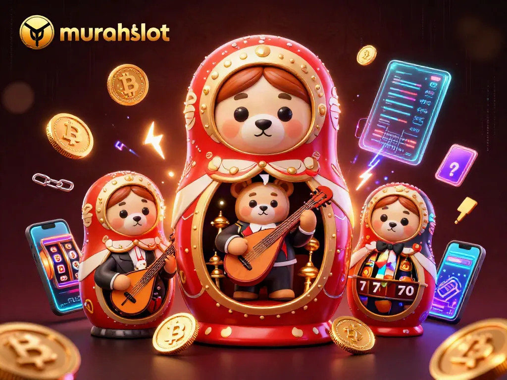 Memenangkan jackpot dengan murahslot di kasino online, terlihat dari teddy bear Matryoshka dan simbol slot berwarna-warni.