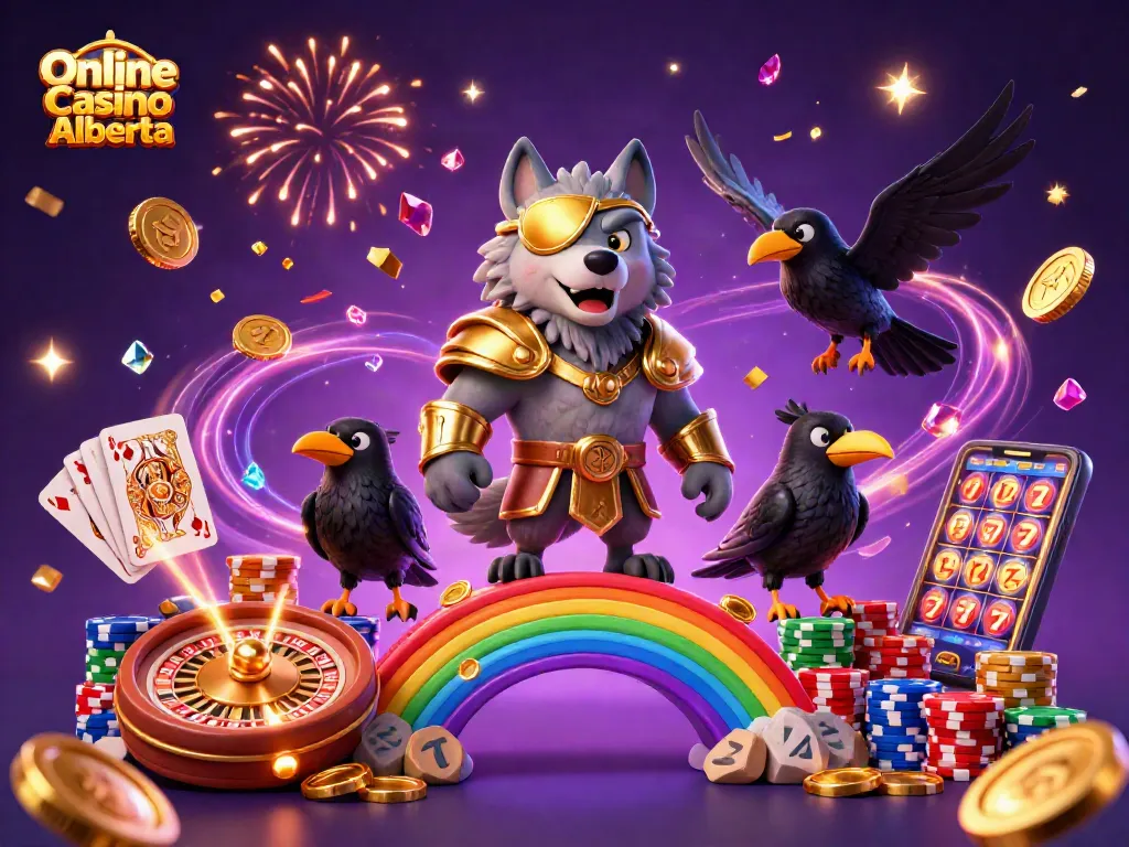 Win big with Online Casino Alberta's dynamic 3D illustration of Odin and raven characters amidst casino elements.