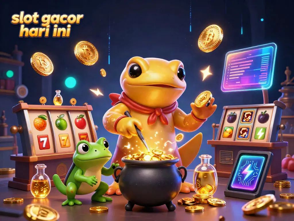 Engage with slot gacor hari ini through a vibrant 3D casino scene featuring a golden salamander and alchemist.