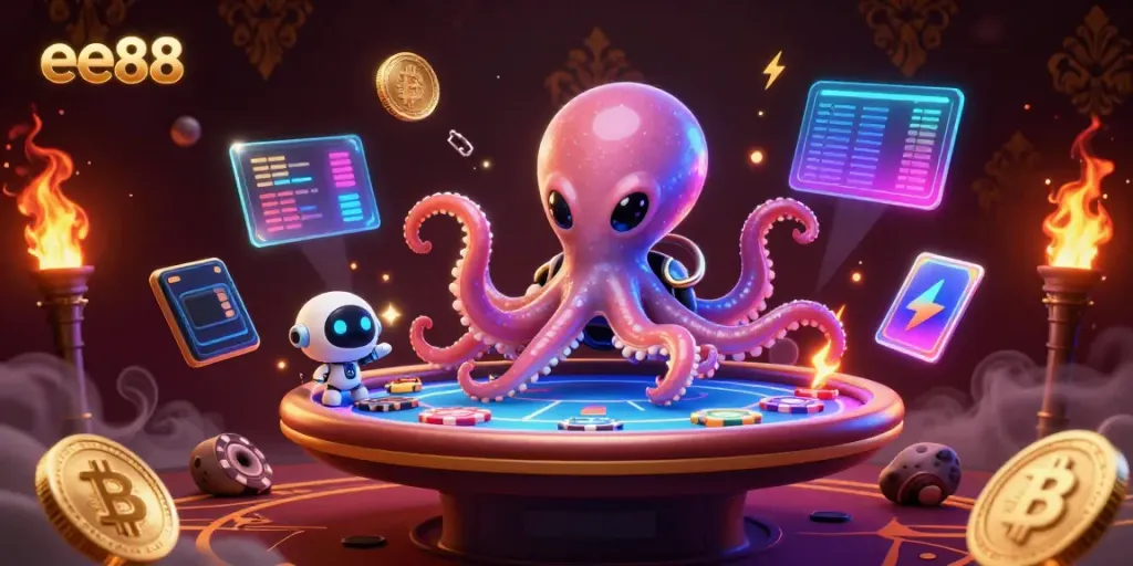 Engage with ee88's vibrant 3D gaming scene featuring an alien octopus and poker table.