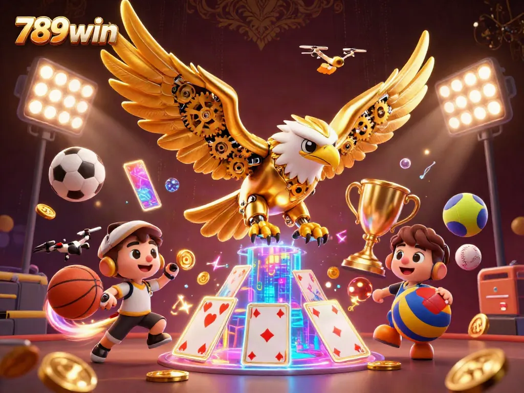 Experience thrilling gameplay at 789win with cybernetic eagle soaring amidst dynamic sports elements.