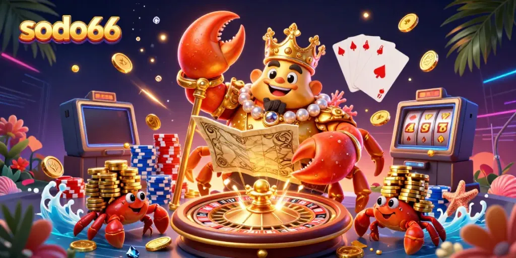 Experience thrilling games at sodo66 with a golden crab emperor and treasure-filled 3D scene.