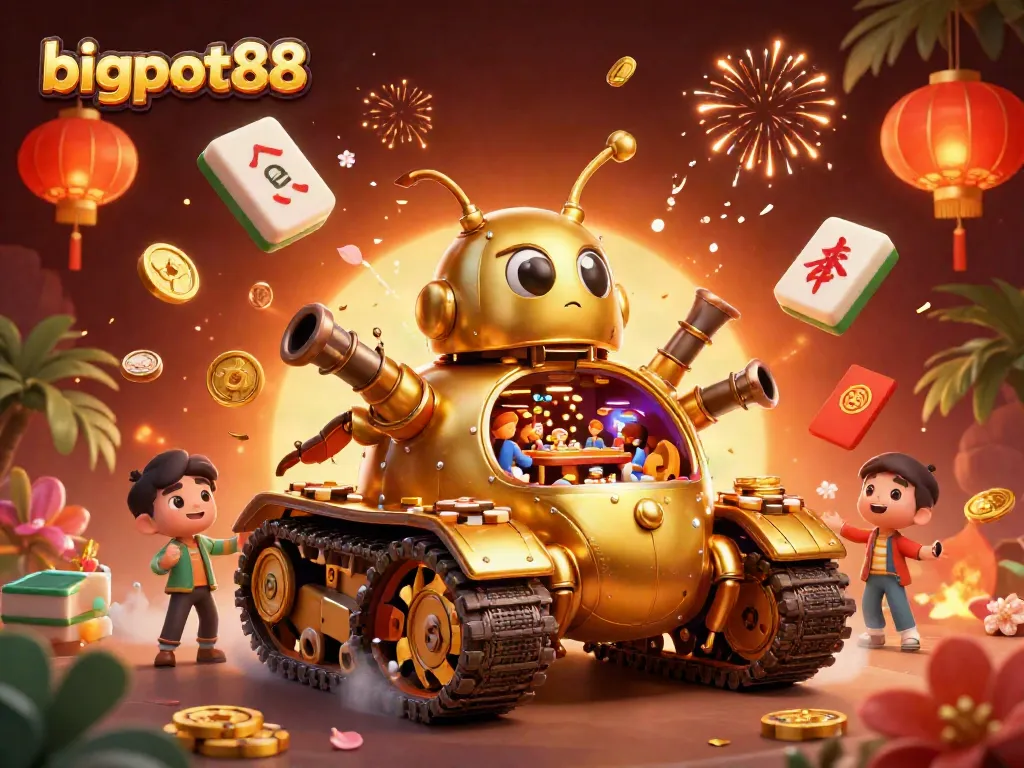 Judul Bigpot88 menampilkan kasino mini dalam tank keledai emas yang penuh konfeti dan koin.