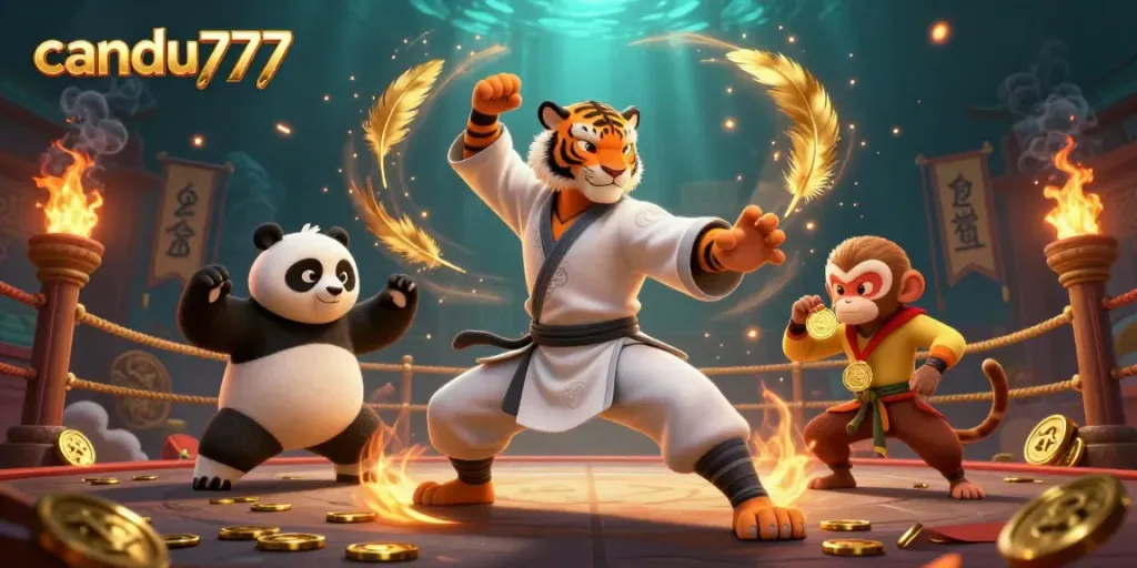 Bermain judi di CANDU777 dengan tiger master kung fu dan teman-temannya di arena bertarung.