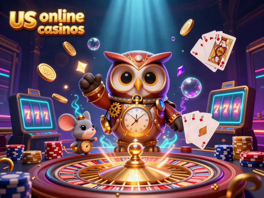 Engage with us online casinos featuring a steampunk owl and clockwork mouse in a game-packed scene.