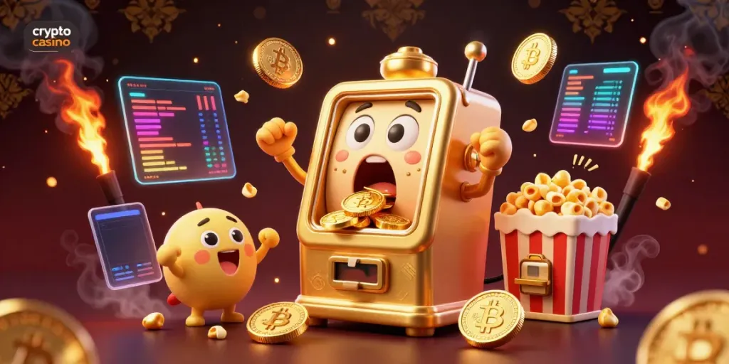 Engaging scene from a crypto casino featuring animated slot machines winning Bitcoin rewards.