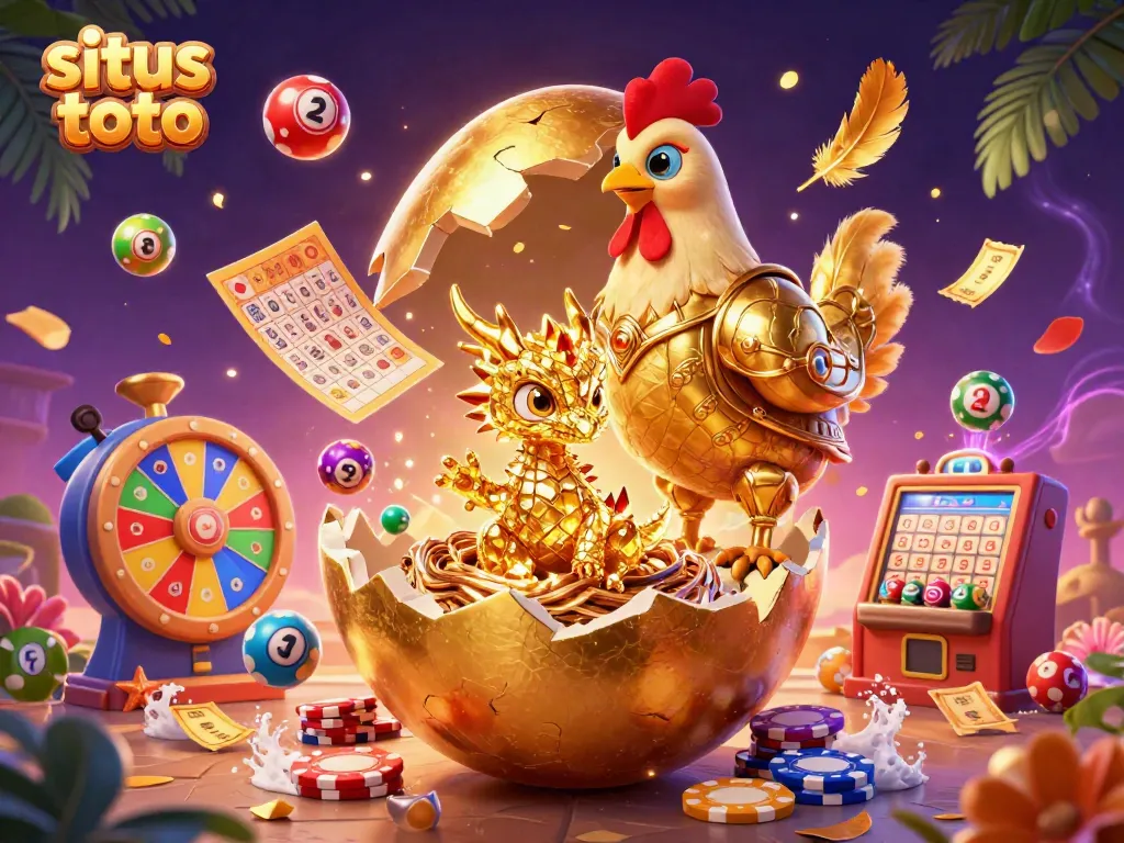 Spin the golden rewards at situs toto, featuring a baby dragon amidst poker chips, numbers, and excitement.