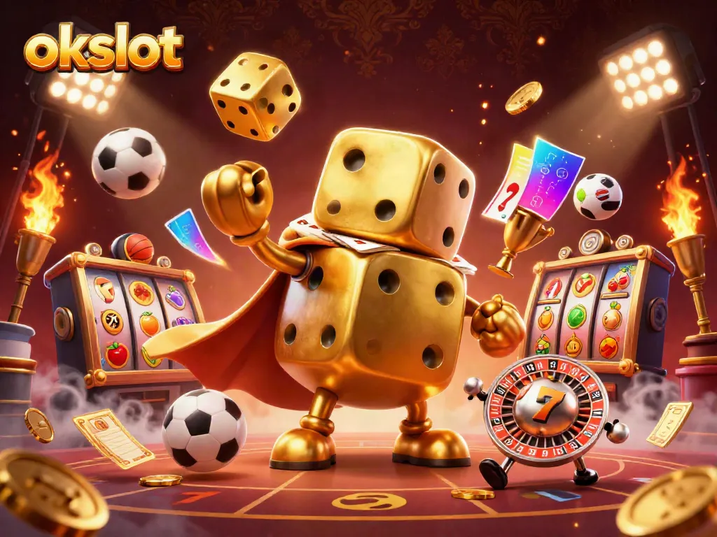 เล่นเกมสล็อตออนไลน์ที่ okslot ด้วยภาพ 3D สุดตื่นตาตื่นใจของลูกเต๋าทองคำและสัญลักษณ์ต่างๆ