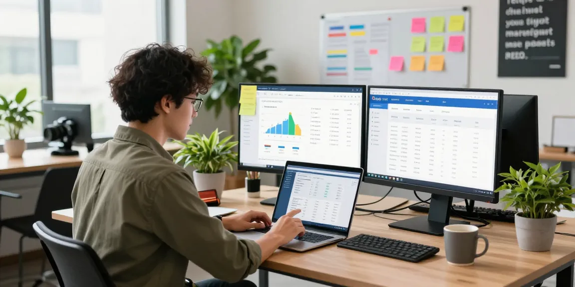 Digital marketing workspace showcasing go8 analytics tools and creative productivity in a vibrant office.