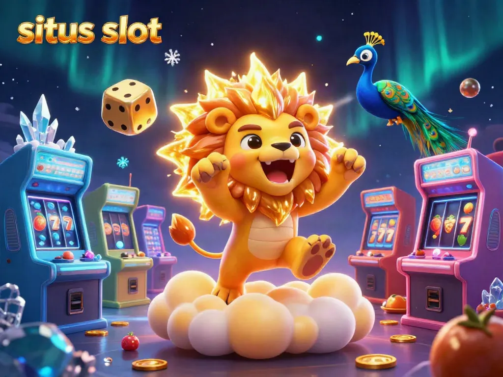Permainan di situs slot terlihat dengan gulungan slot dan simbol buah, dikelilingi oleh karakter animasi.