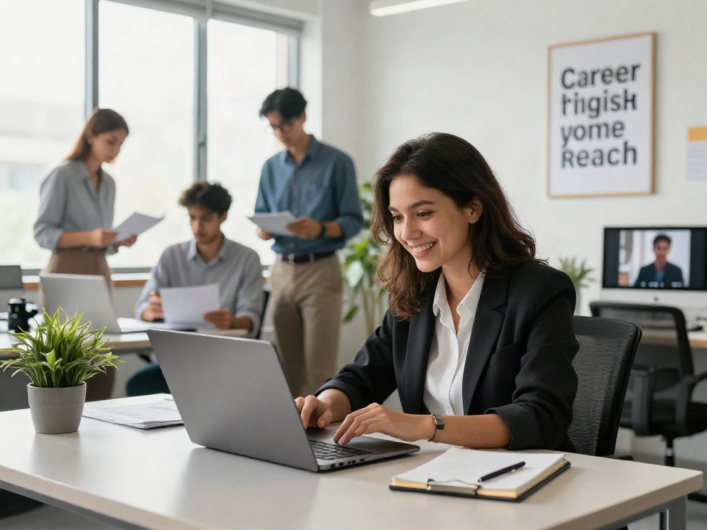 Young professional searching หางาน on laptop in a modern office