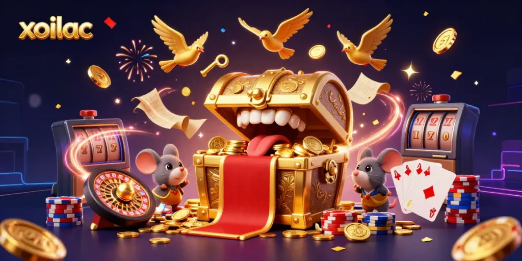 Experience the vibrant excitement of xoilac with dynamic casino-themed elements and gold treasures!