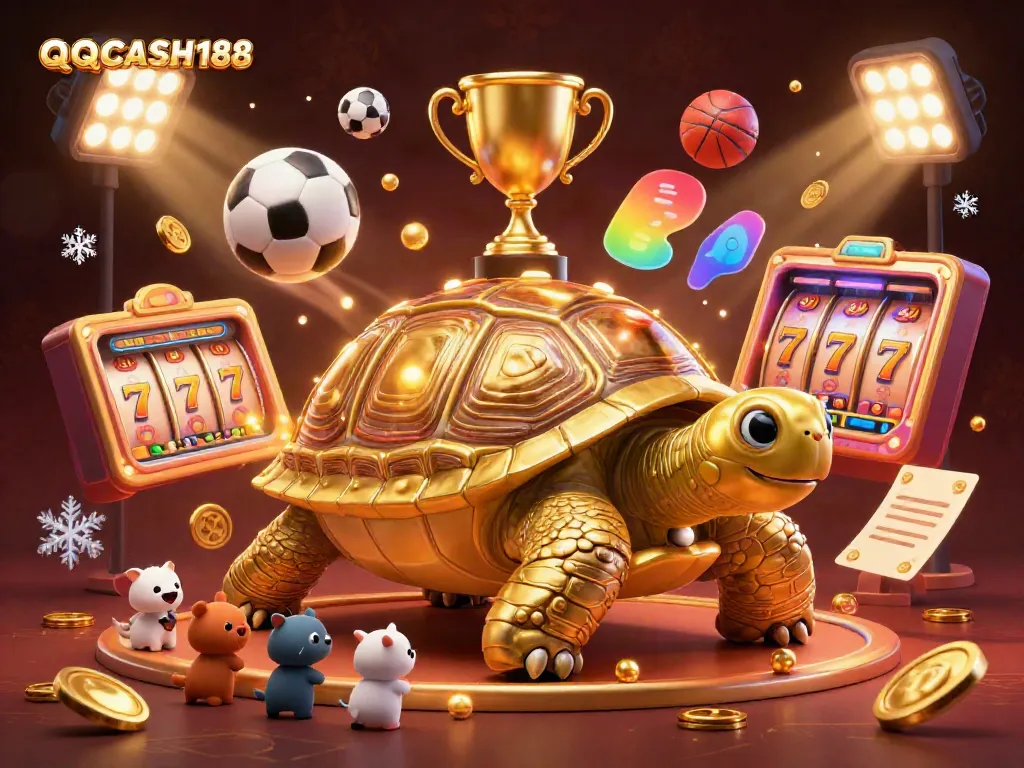 Engage with the thrilling QQCASH188 experience featuring a vibrant 3D casino scene with dynamic slot elements.