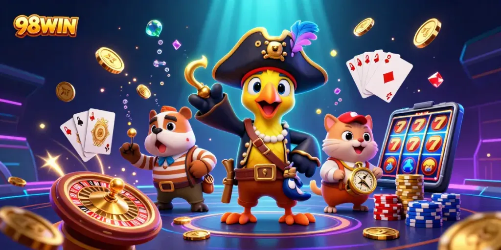 Spin and win with engaging features of 98WIN casino games, showcasing vibrant characters and dynamic elements.
