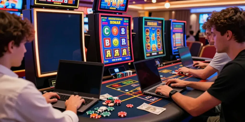 Casino Bonus ohne Einzahlung - Spieler genießen aufregende Slots mit attraktiven Bonus-Symbolen und Casino-Chips.