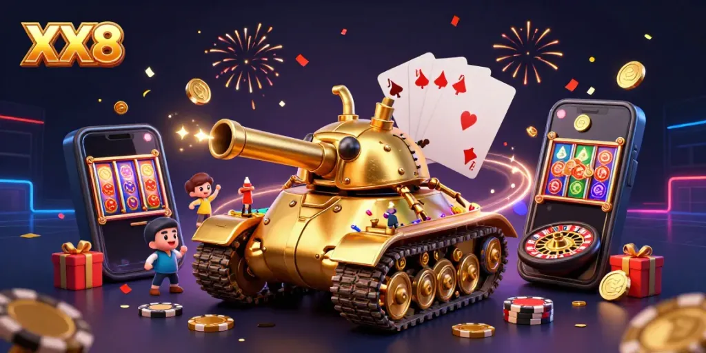 Engage in exciting casino action with XX8 featuring a golden beetle tank and vibrant gambling elements.
