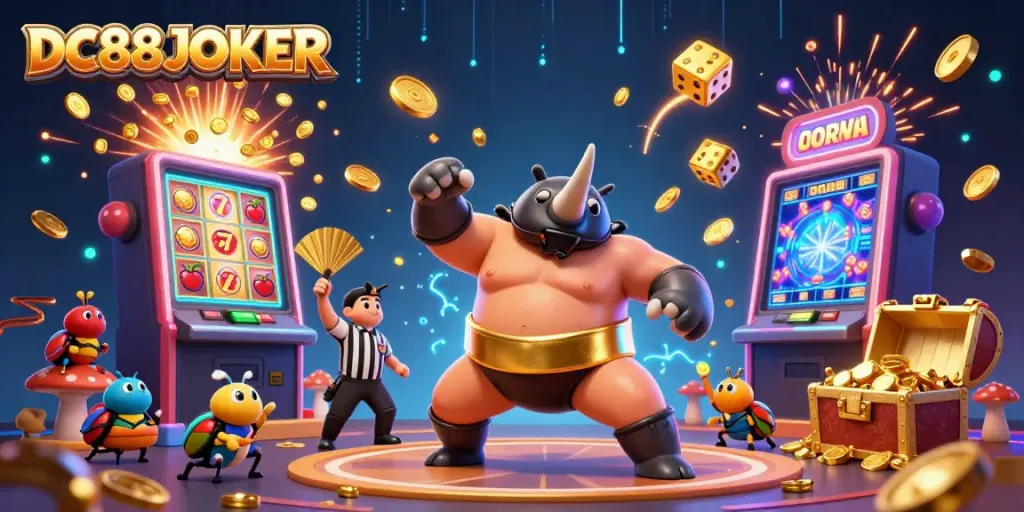 Experience the excitement of DC88JOKER with a thrilling casino scene featuring dynamic slot elements and colorful characters.