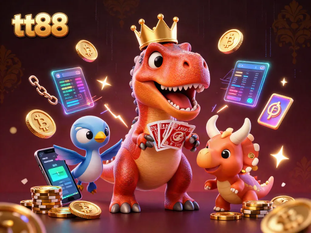 Join the fun at tt88 with a cartoon T-Rex shuffling cards, surrounded by vibrant gaming elements