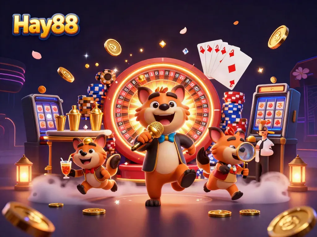 Engage with Hay88's exciting casino scenes featuring hyenas in diverse roles and dynamic game elements.