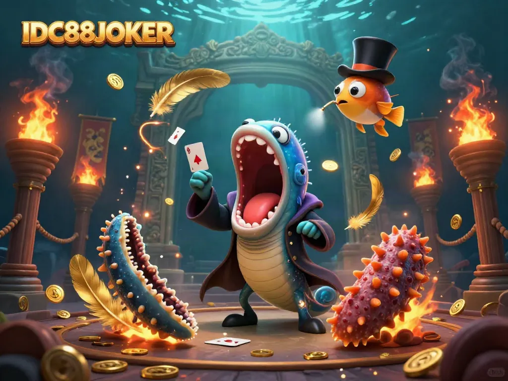 Experience thrilling card tricks at IDC88JOKER with bio-luminescent sea creatures performing magic, evoking excitement and fun.