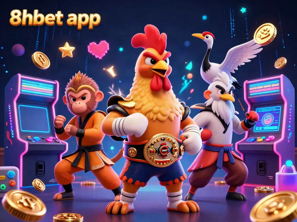 Engage with the vibrant atmosphere of the 8xbet app, featuring animated characters and arcade elements.