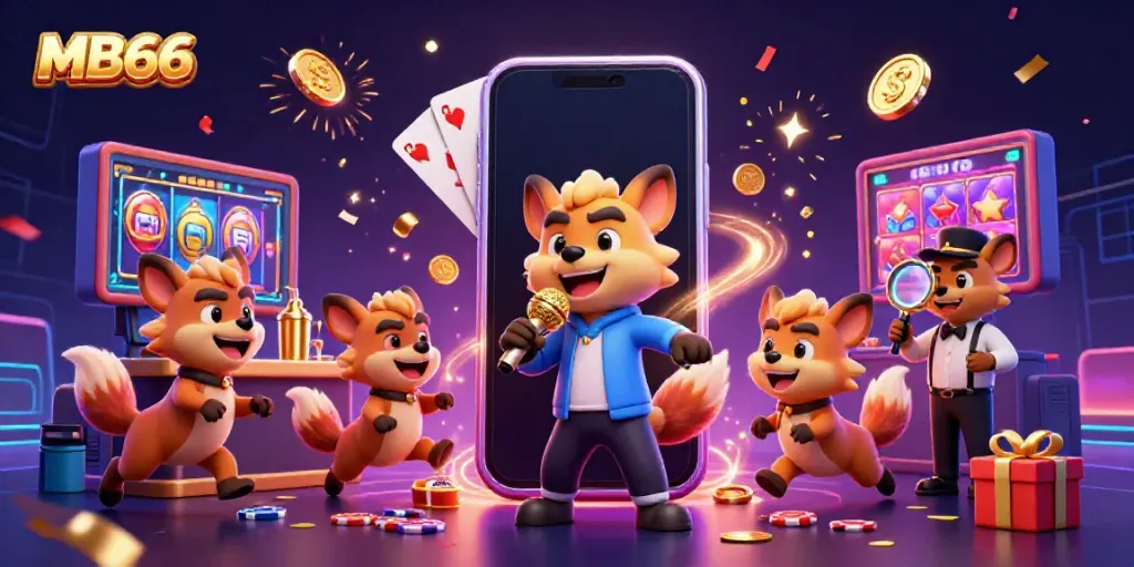 Experience the fun of MB66 at a lively casino with hyena characters, showcasing vibrant games and entertainment.