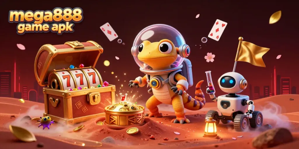 Play mega888 game apk with a Martian gecko and exciting casino themes in vibrant 3D illustration.