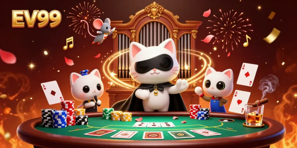 Experience exhilarating gameplay with EV99 while enjoying a high-stakes poker showdown in an ornate casino setting.