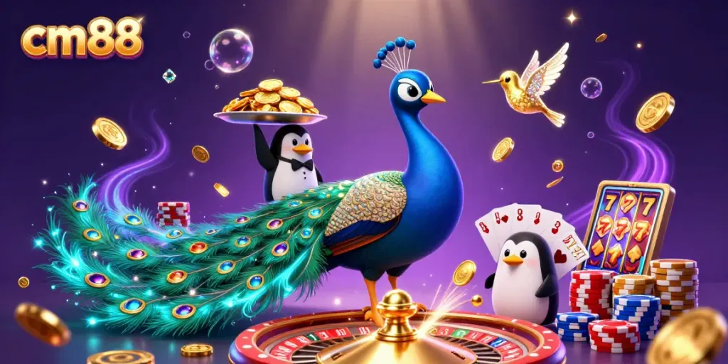 Experience thrilling gameplay with cm88's vibrant 3D scene of casino elements and whimsical characters.