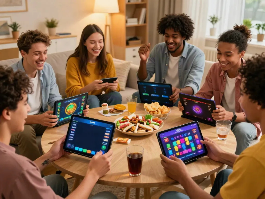 Diverse friends enjoying Yono Arcade mobile games in a cozy living room.