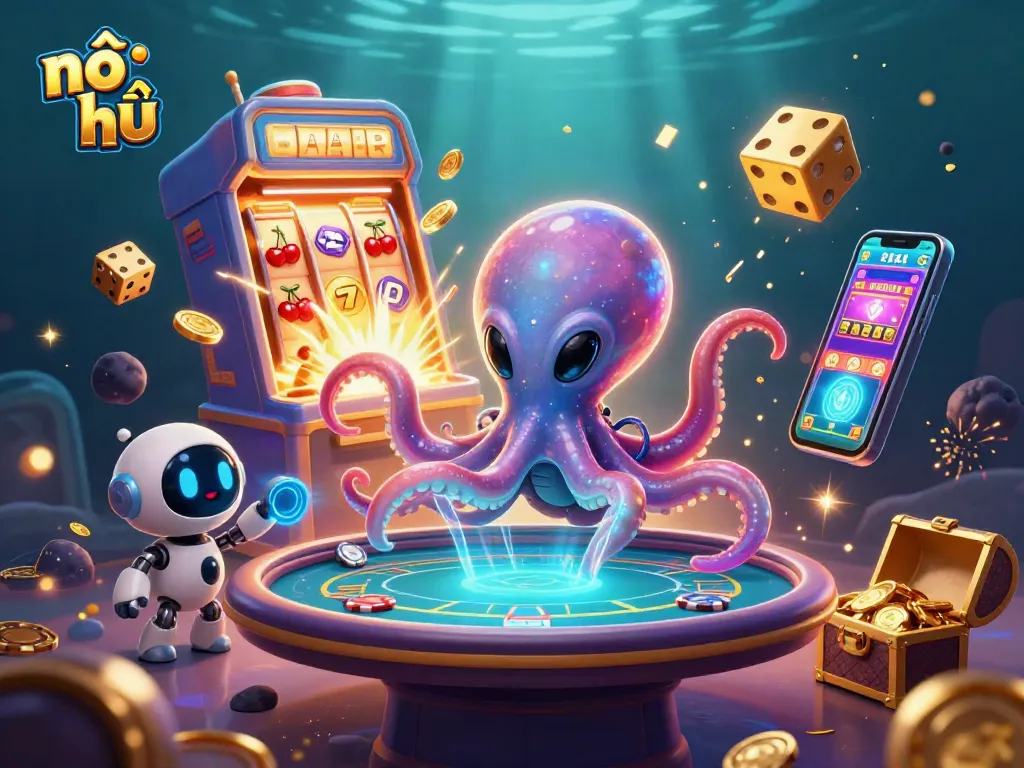 Engage in nổ hũ with a thrilling illustration of an octopus and robot at a casino table.