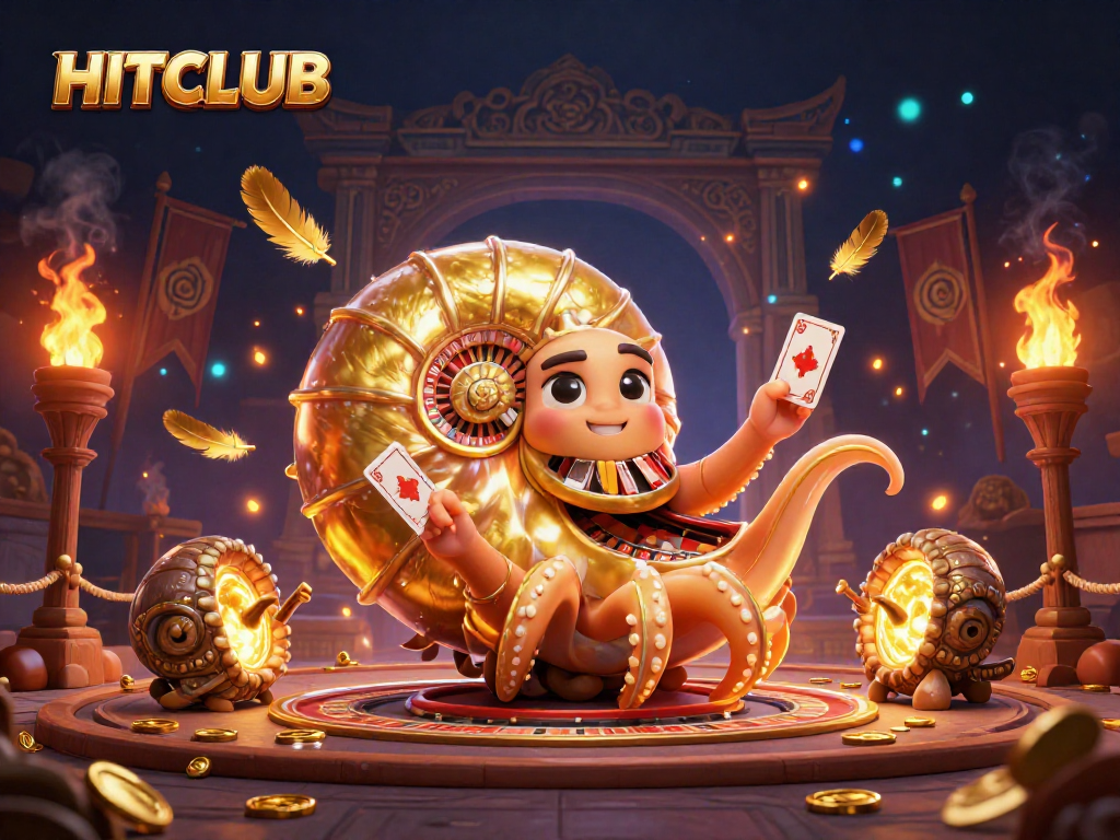 Engage in thrilling HITCLUB gameplay with the giant nautilus roulette and golden tokens.