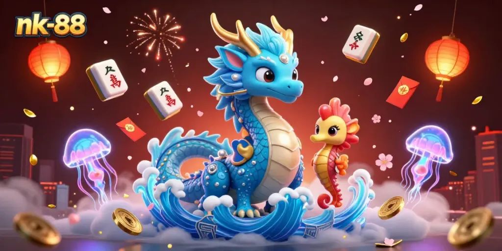 Engage in thrilling jackpots with nk-88's vibrant 3D illustration featuring a majestic water dragon and lucky seahorse.