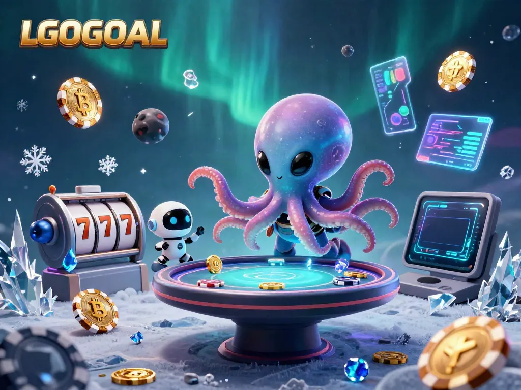 Engage with LGOGOAL's vibrant casino scene featuring an interactive poker table and floating game elements.