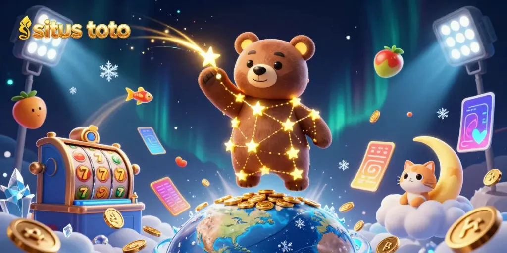 Experience excitement at situs toto with a whimsical bear collecting coins in a vibrant casino setting.
