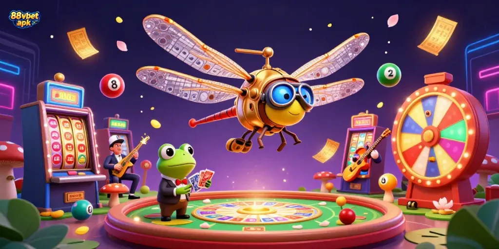 Engage with 88vbet apk in a rich 3D scene featuring a dragonfly pilot and casino games.
